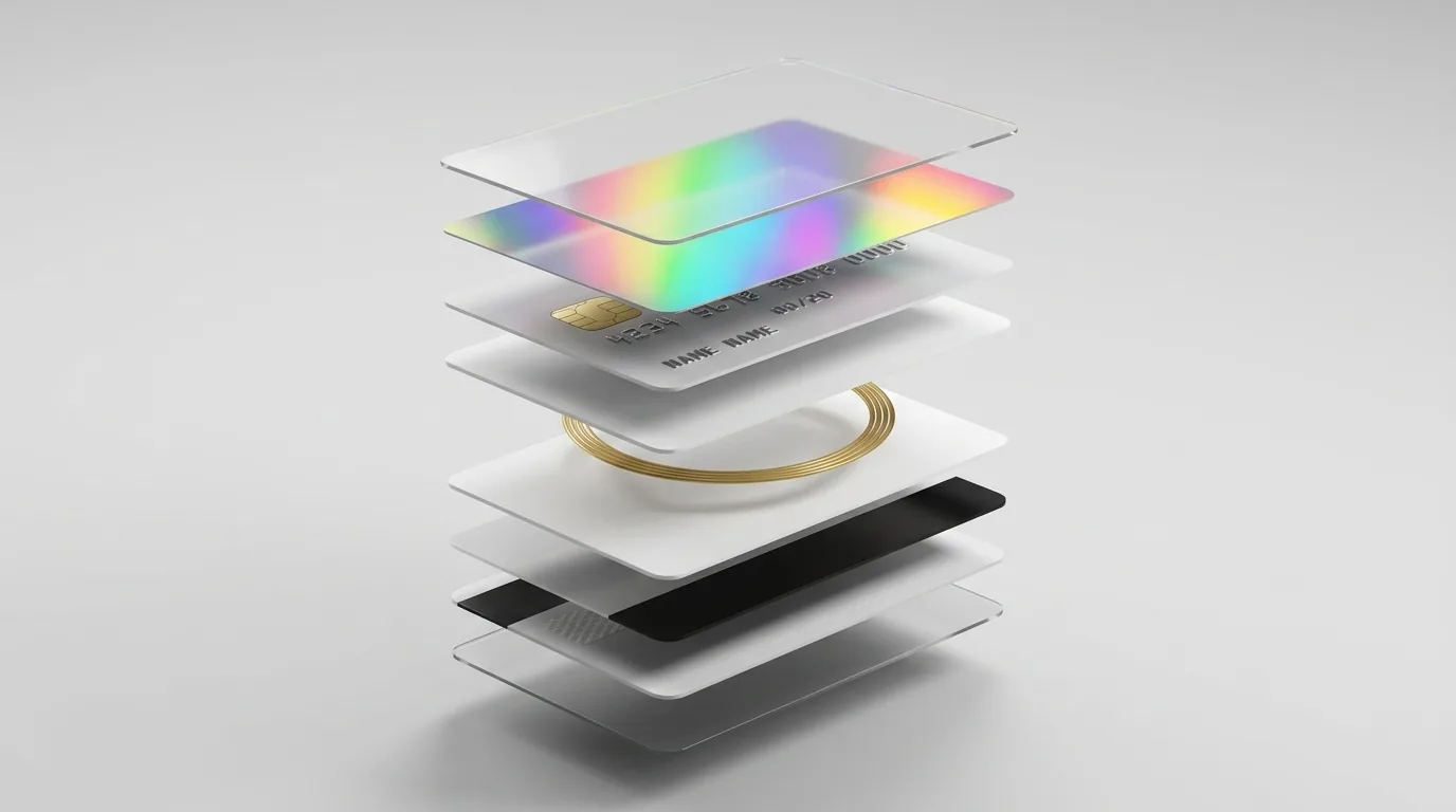 Layered card materials with holographic and magnetic features